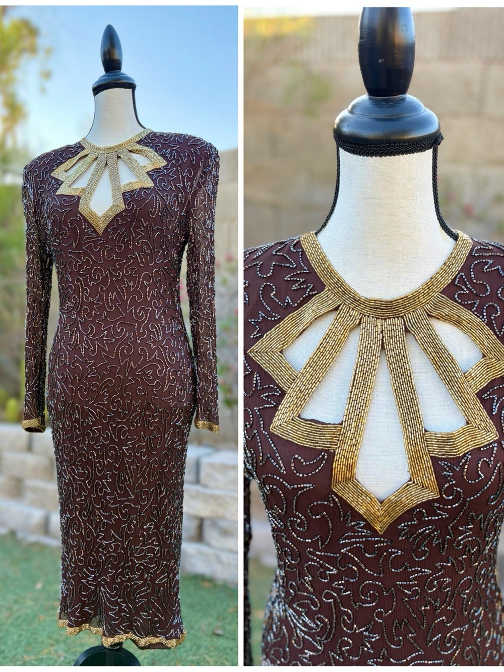 Vintage iridescent brown beaded silk dress with gold geometric neckline cutout